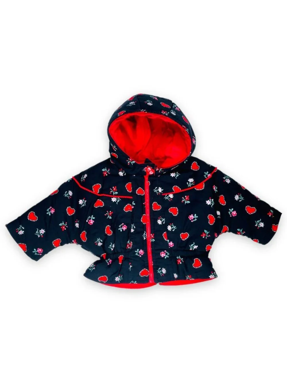 Vintage Baby Girls Black + Red Heart + Floral Print Winter Puffer Coat 12m